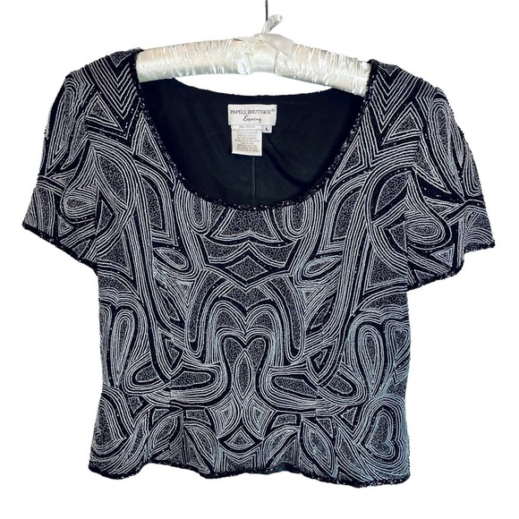 PAPELL Boutique Evening Formal Beaded Blouse Black Silver Cocktail Party - Picture 1 of 11